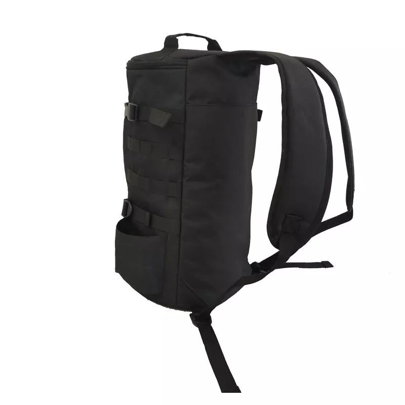 Black cylindrical fishing backpack with 36-55L capacity, lightweight and durable for outdoor use