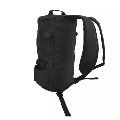 Black cylindrical fishing backpack with 36-55L capacity, lightweight and durable for outdoor use