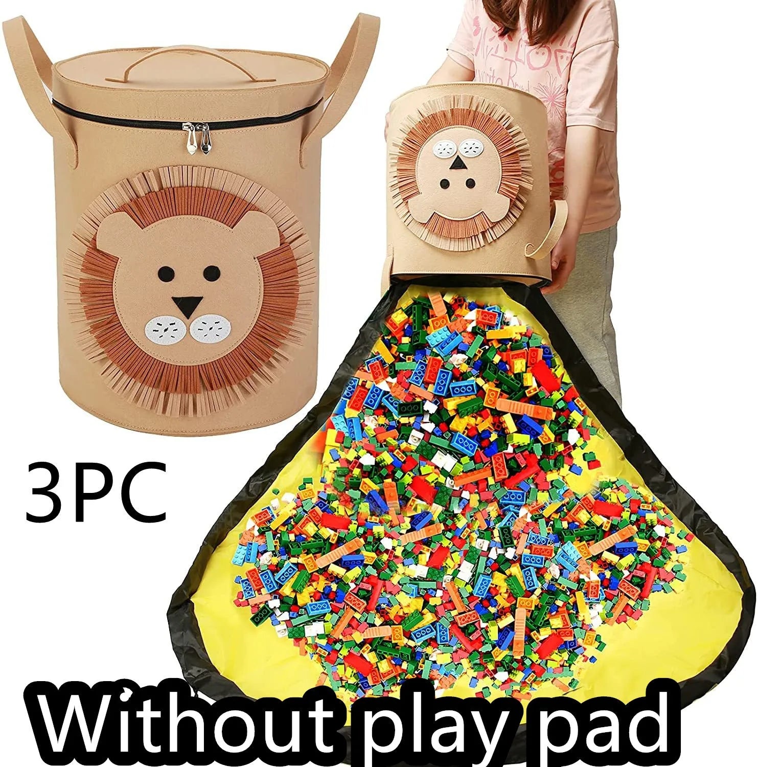 Green felt storage cube with pull rope unfolded into a large square play mat on a wooden floor.