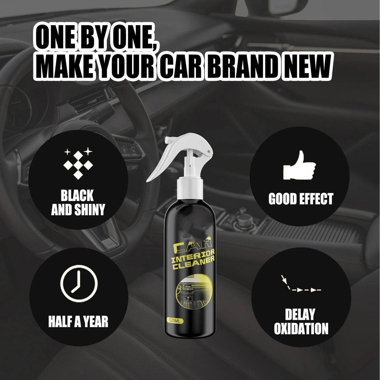 120ml bottle of car interior cleaner for leather and plastic dashboard renovation.