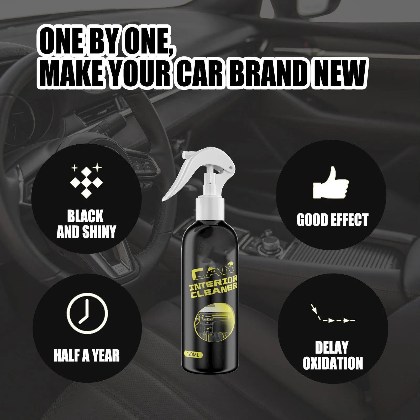 120ml bottle of car interior cleaner for leather and plastic dashboard renovation.