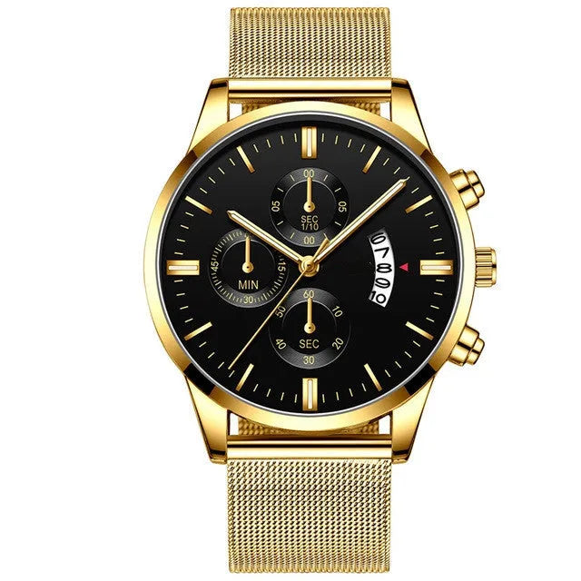 Men's stainless steel mesh band quartz watch showing two-tone colour options on a 4.2cm case.