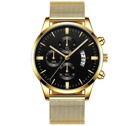 Men's stainless steel mesh band quartz watch showing two-tone colour options on a 4.2cm case.