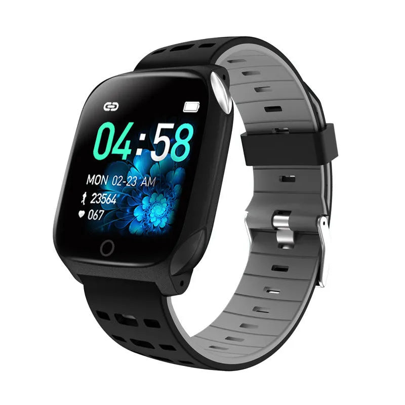 F16 smart watch with silicone band showing ECG and heart rate display on wrist.