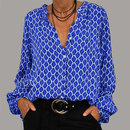 Women's lozenge print V-neck long sleeve shirt in unique 3D pattern