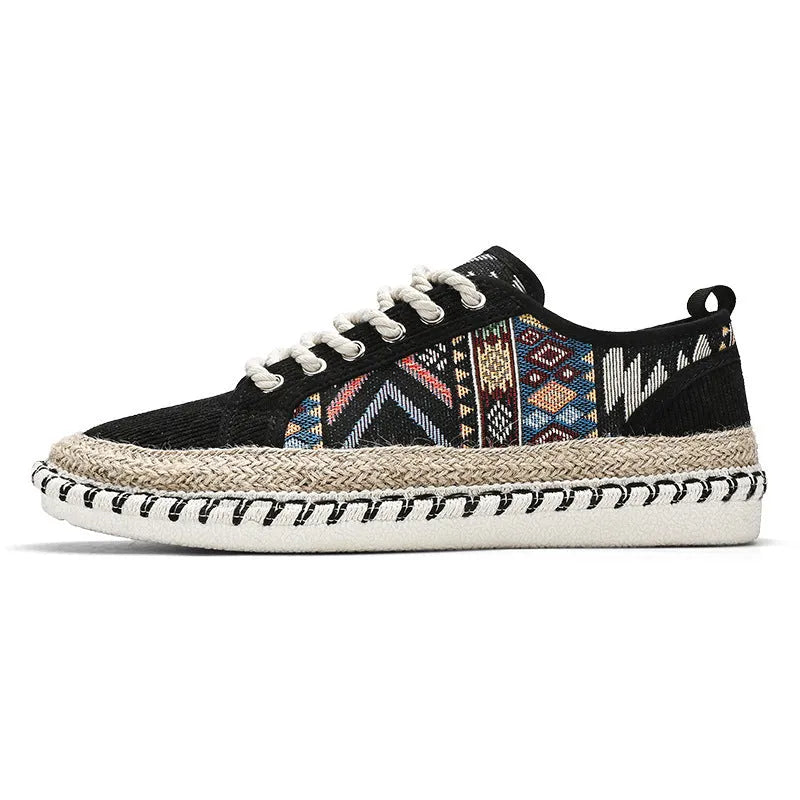 Men's black and beige cloth casual summer shoes with round toe design