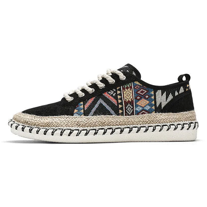 Men's black and beige cloth casual summer shoes with round toe design