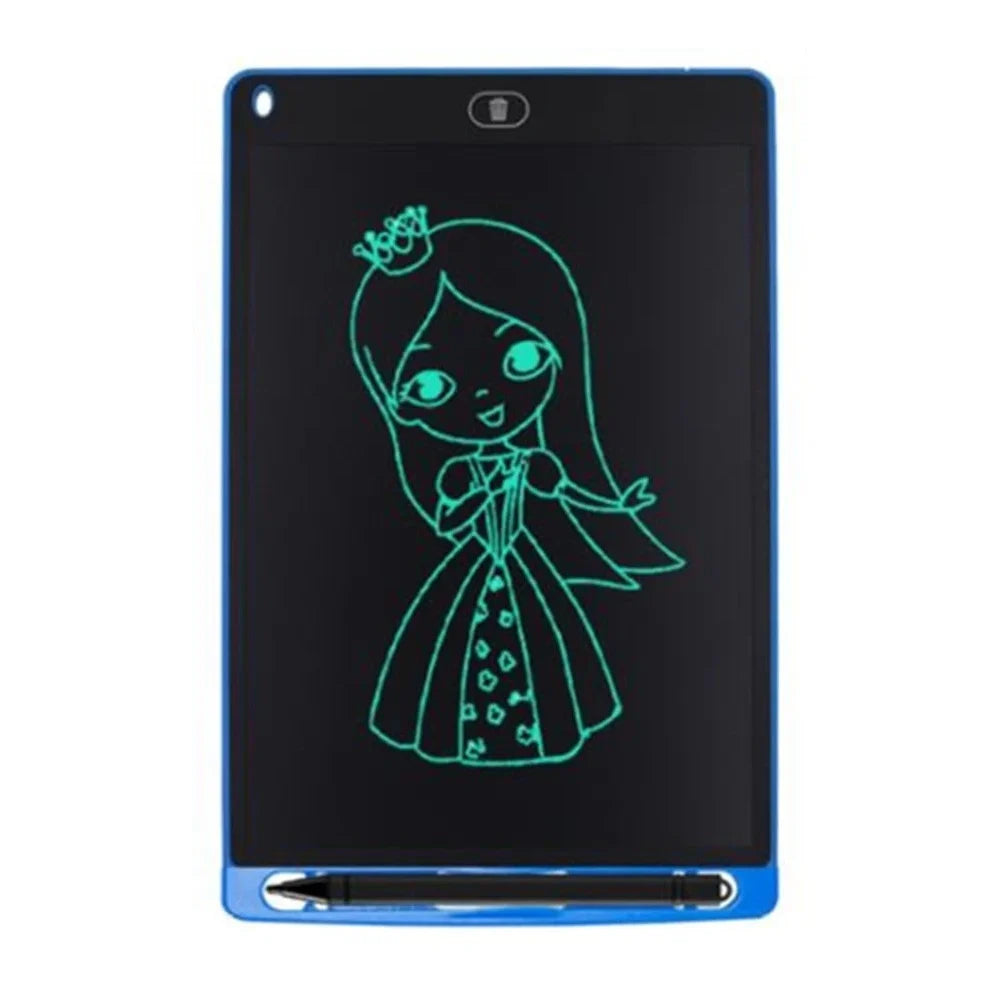 8.5-inch LCD writing board with stylus showing pressure-sensitive writing on blue background