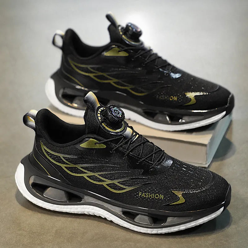 Men's low-top button sneaker with rotating sole in black mesh or leather options on a plain background.