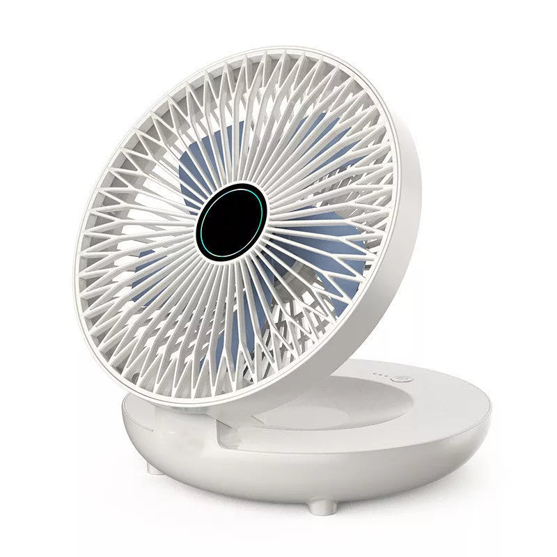 Compact folding wall-mounted fan in white or blue with USB power option