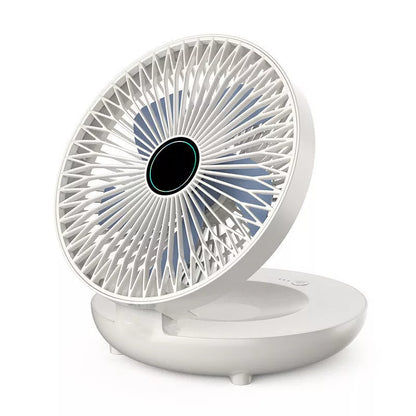 Compact folding wall-mounted fan in white or blue with USB power option
