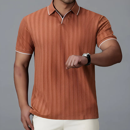 Men's loose fit short-sleeved polo shirt in ice silk nylon available in white, black, and orange colours