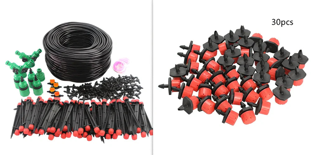 50-metre automatic garden irrigation system with timer, capillary tubing, and atomising nozzles for even plant watering