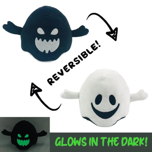Reversible Halloween plush toys with glow-in-the-dark ghost and pumpkin designs that can switch between happy and angry moods