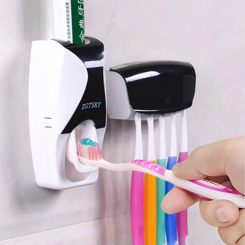 Automatic toothpaste squeezer and toothbrush holder set in durable plastic