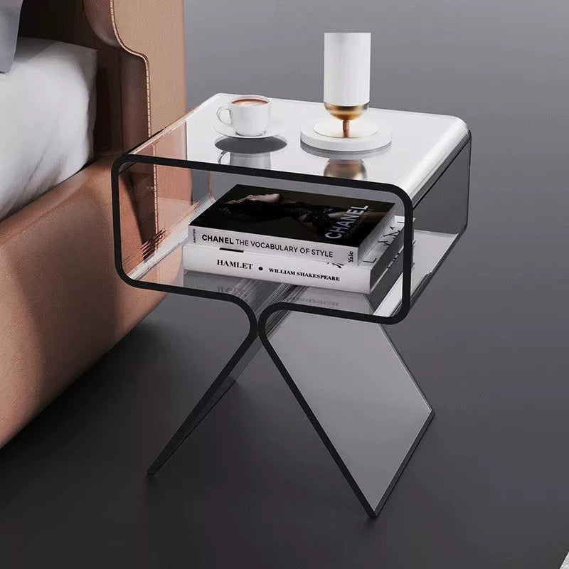 Minimalist transparent acrylic side table in living room setting