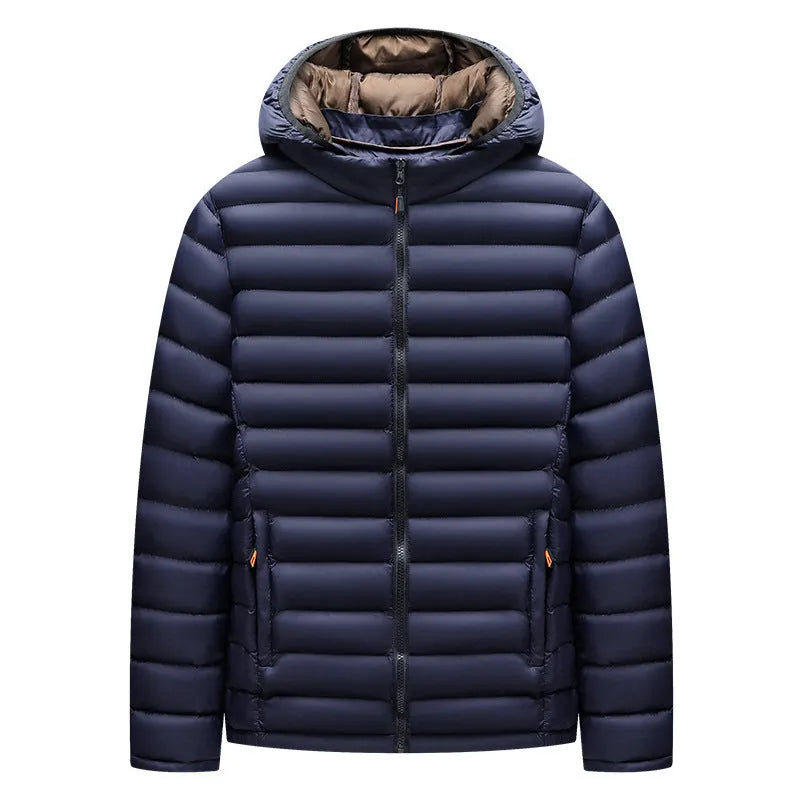 Men's lightweight hooded down cotton-padded jacket in solid colour with detachable collar and zipper pockets