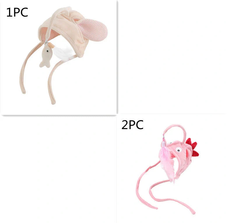 Adjustable head-wearing feather cat toy stick in various colors for indoor play