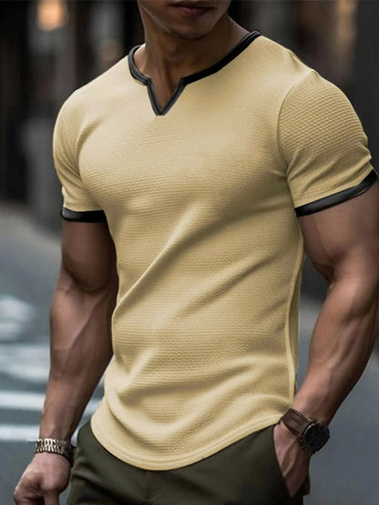 Men's colour-block V-neck waffle texture t-shirt in polyester for sports