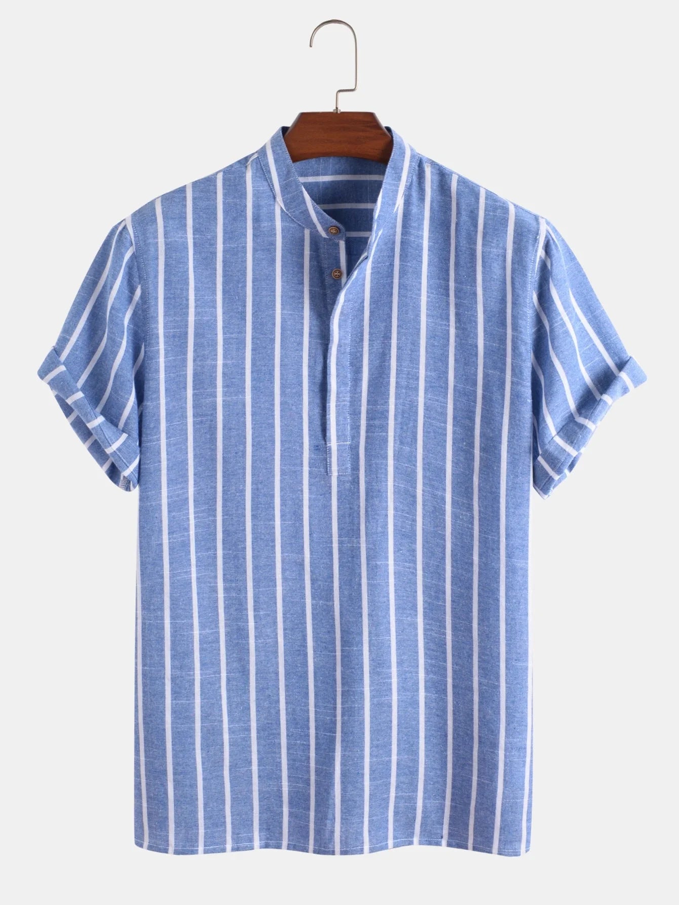 Men's striped short sleeve cotton shirt in white, red, gray, and blue