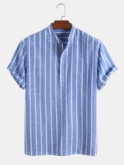 Men's striped short sleeve cotton shirt in white, red, gray, and blue