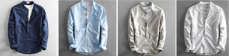 Men's casual linen shirt with long sleeves and loose fit in light gray, light blue, white, and dark blue