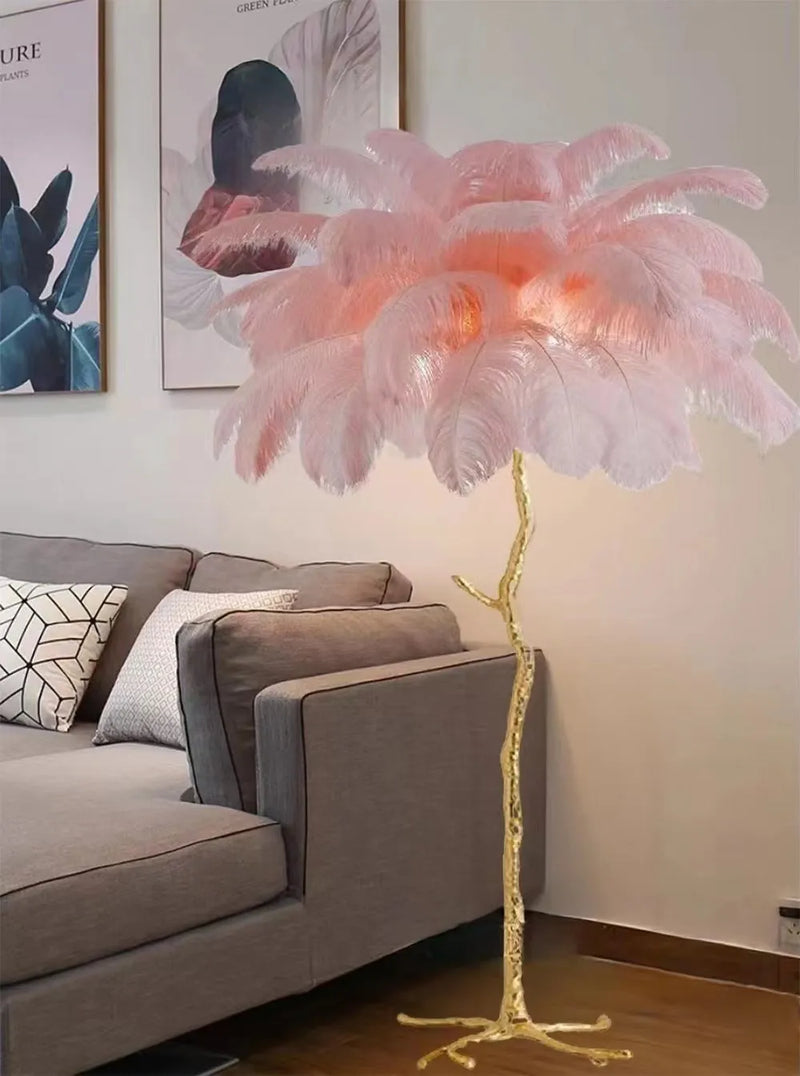 Decorative resin feather floor lamp for living room and bedroom, tall statement light with 32 detailed feathers, H170cm lamp body and E14 bulb holder, available in white, pink, or dark green resin feather colours for interior accent lighting
