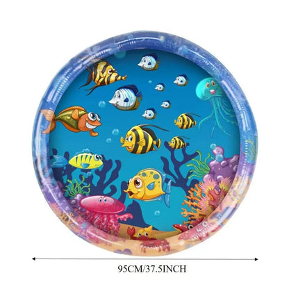 Thickened PVC water sensory playmat for pets with ocean fish design and floating toys.