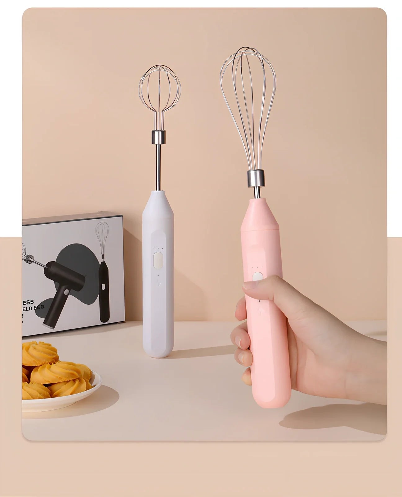 Black hand-held electric whisk with stainless steel beaters and digital speed display