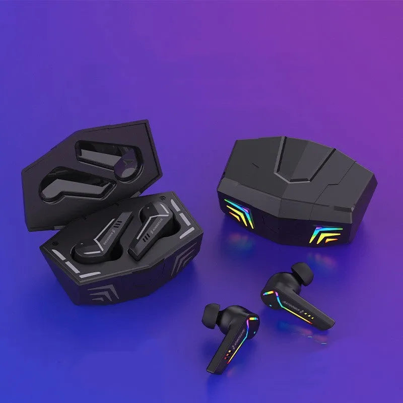 Small black Bluetooth headset with earplug design showing 15m range and low latency for gaming