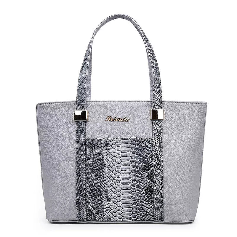 Women's stylish shoulder bag with zipper closure and multiple pockets in light gray, black, off-white, and rose red.