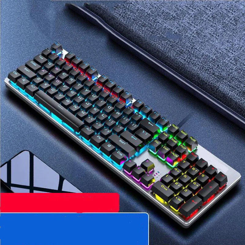 Real Mechanical Keyboard GK410 with 104 keys, metal frame, USB cable, and backlit keys for desktop computers