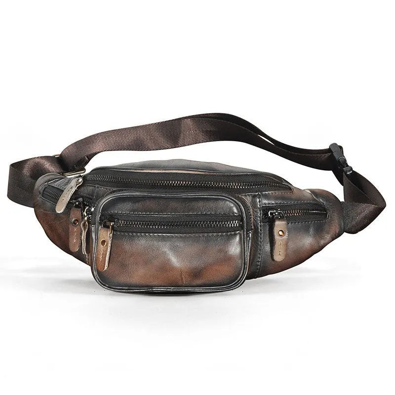 Retro style brown cowhide leather messenger bag with a single shoulder strap.