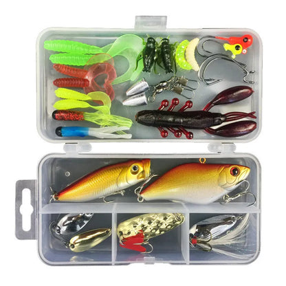 Junior fishing lure suit set in PP plastic box with multiple bait designs including thunder frog lures