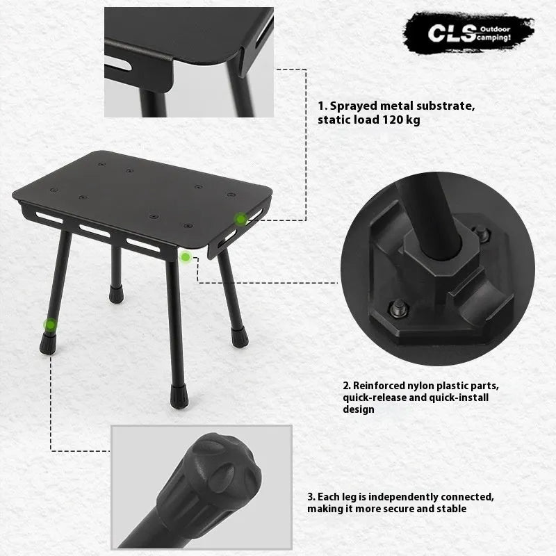 CLS aluminium folding camping stool converted into a small table with a green PU mat top