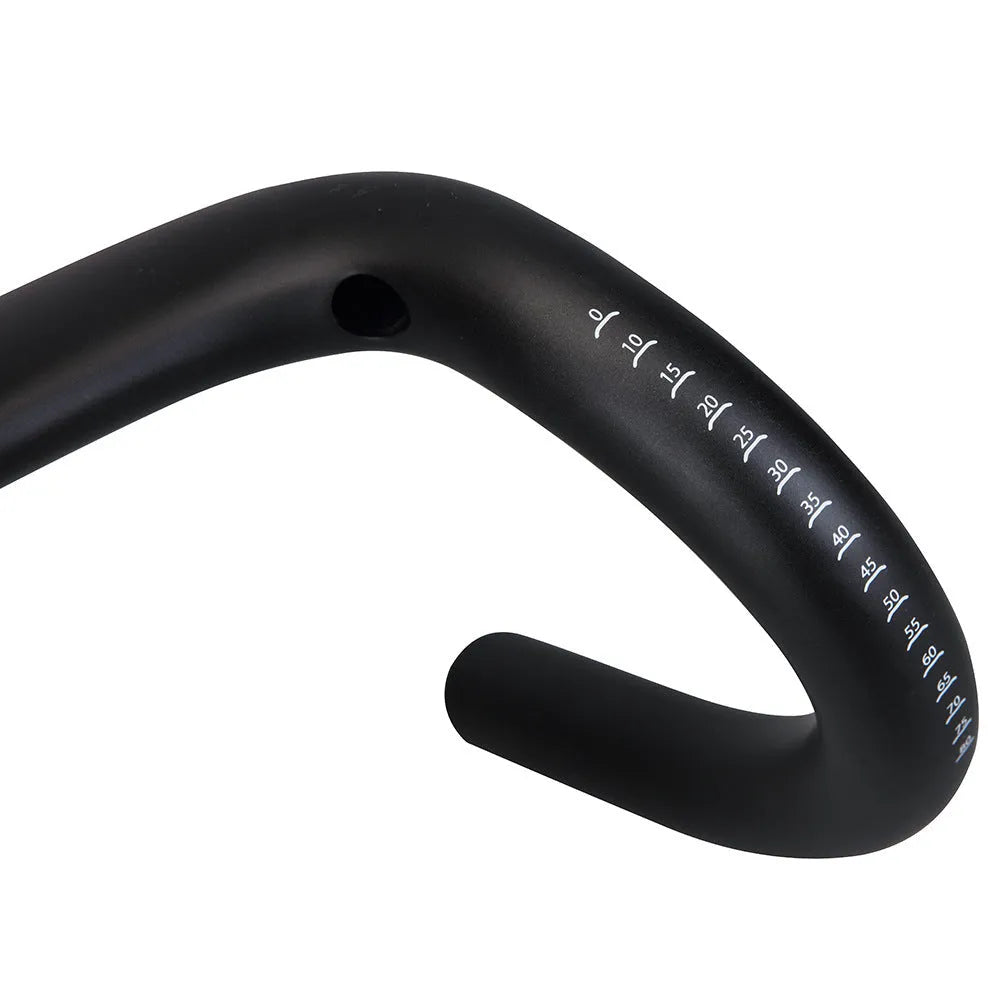 Black carbon fibre road bicycle handlebar showing large-angle outer sweep and 31.8mm clamp area.