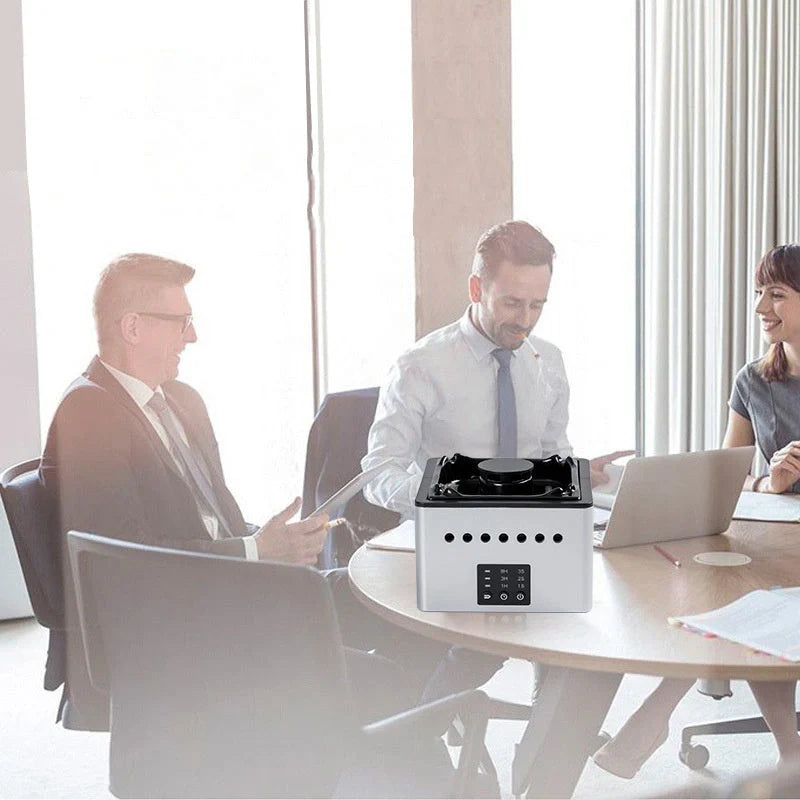 Mini Ashtray Air Purifier in ceramic white, black, and blue print options