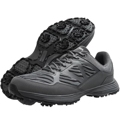 Men's waterproof golf shoes with nails for enhanced grip, available in black, blue, gray, and dark gray.