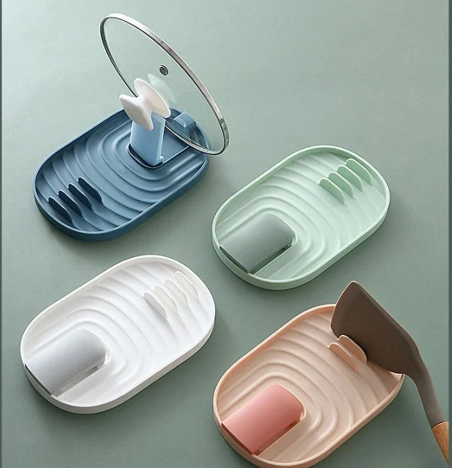 Nordic wall-mounted pot lid and cooking spoon holder with drain tray in green, pink, blue, and white