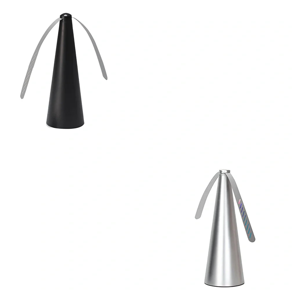 Black fly repellent fan measuring 8.2x8.2x24cm with USB cable for insect protection during meals