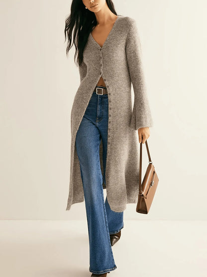 Khaki women's long sleeve cardigan coat with button front in a French retro style