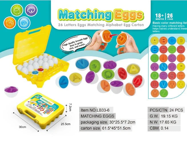 Educational shape matching egg toy with 12 colourful plastic eggs in storage case