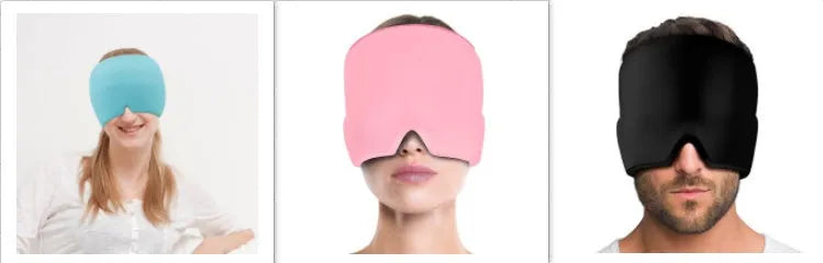 Black elastic gel headache relief mask laid flat showing eye contours and adjustable headband.