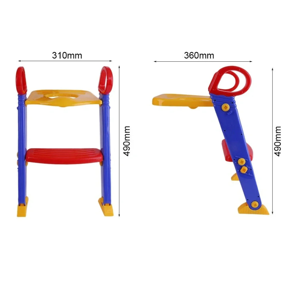 Purple, red and yellow adjustable baby potty training toilet ladder with double handrails folded to 51x7x37cm