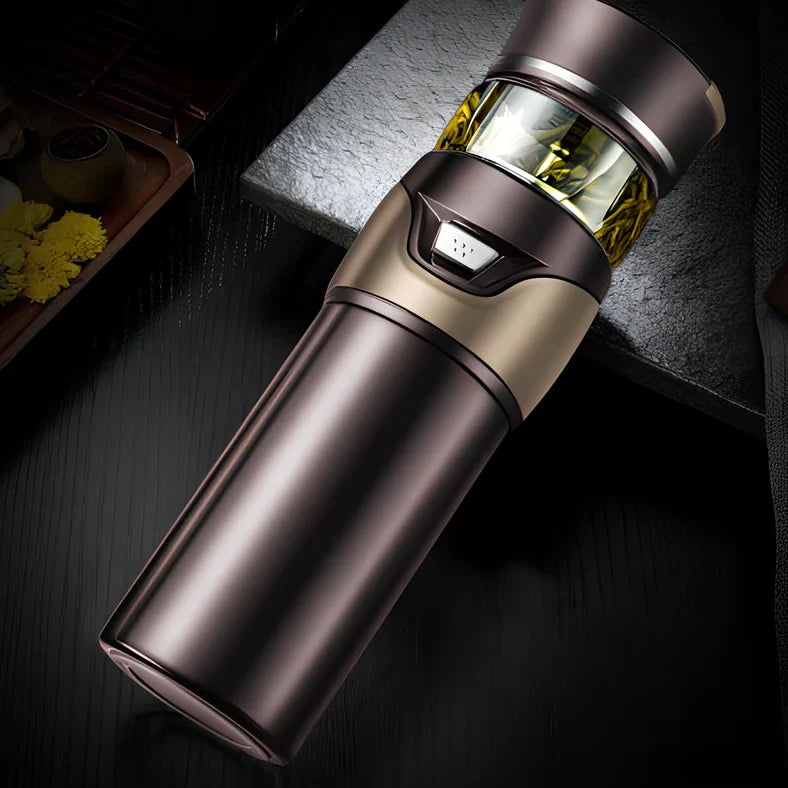 Stainless steel tea separation cup with one-button mechanism showing straight cup design and multiple colour options