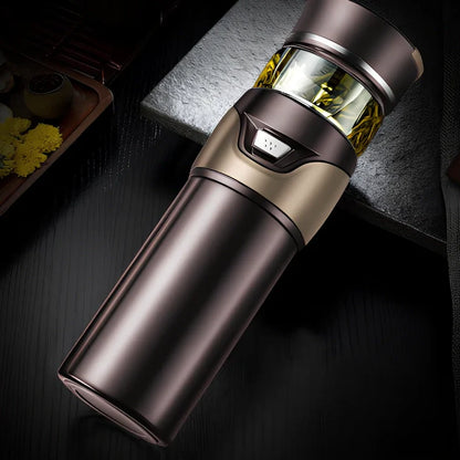 Stainless steel tea separation cup with one-button mechanism showing straight cup design and multiple colour options