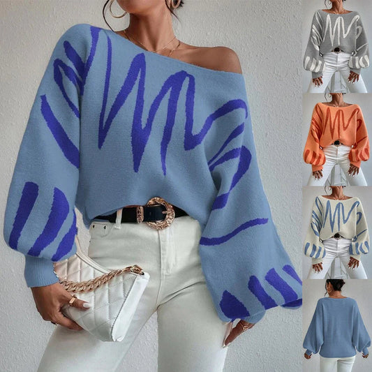 Women's lantern-sleeved pullover sweater with printed design in various colors