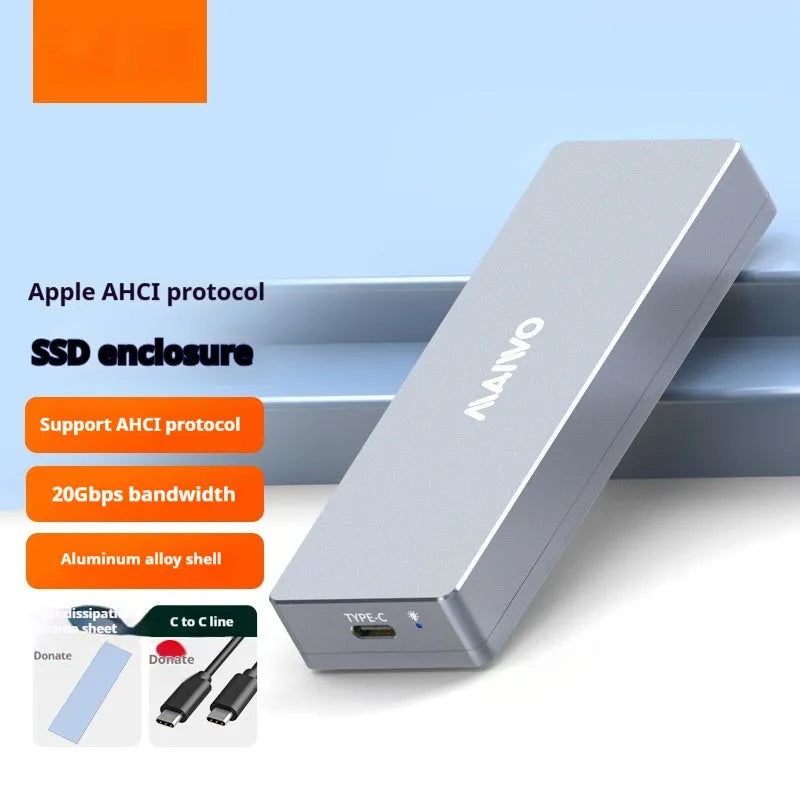 Silver aluminium M.2 NVMe SSD external enclosure with USB Type-C port, cables, and screwdriver on a desk.