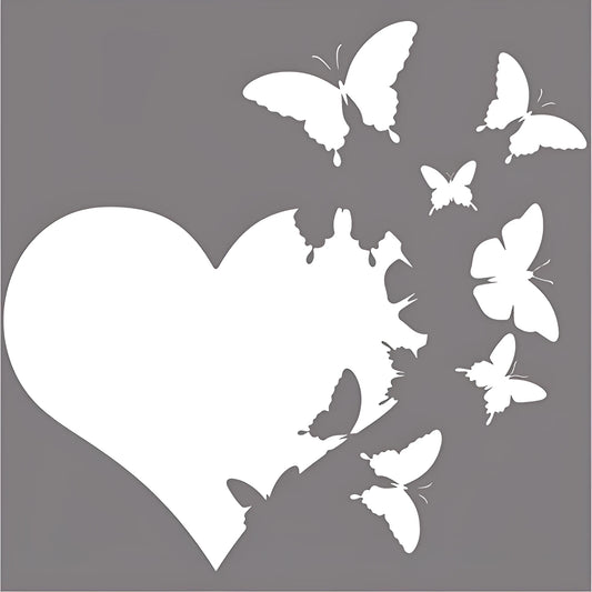 A white butterfly-shaped car body decoration sticker on a 15cm by 15cm square backing sheet.
