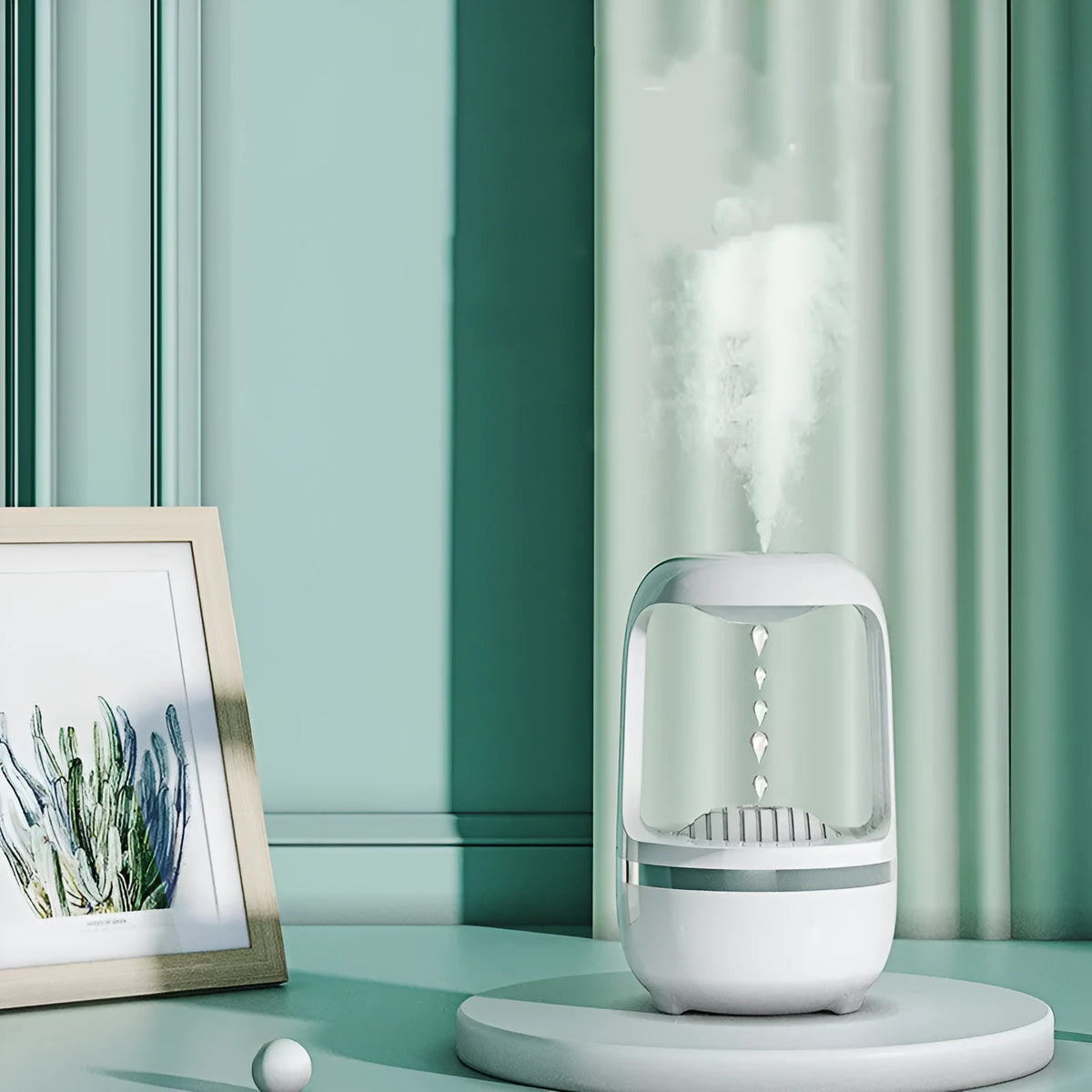 Anti gravity water drop humidifier in white or black, 120x120x229mm, USB powered, with atmosphere lamp.